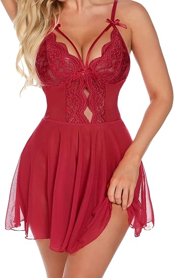 AGJGFM Nightlife Lingerie for Women Deep V Babydoll Underwear for Ladies Sexy Extreme Hot Mini Thong Mesh Sheer Chemise Lingerie Set Red