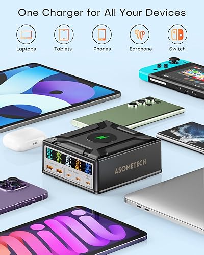 Miniatura 6 de Estación de carga USB, concentrador de carga rápida de 260 W, 5 puertos, cargador GaN USB C de 140 W PD3.1 con pantalla LCD, cargador inalámbrico,