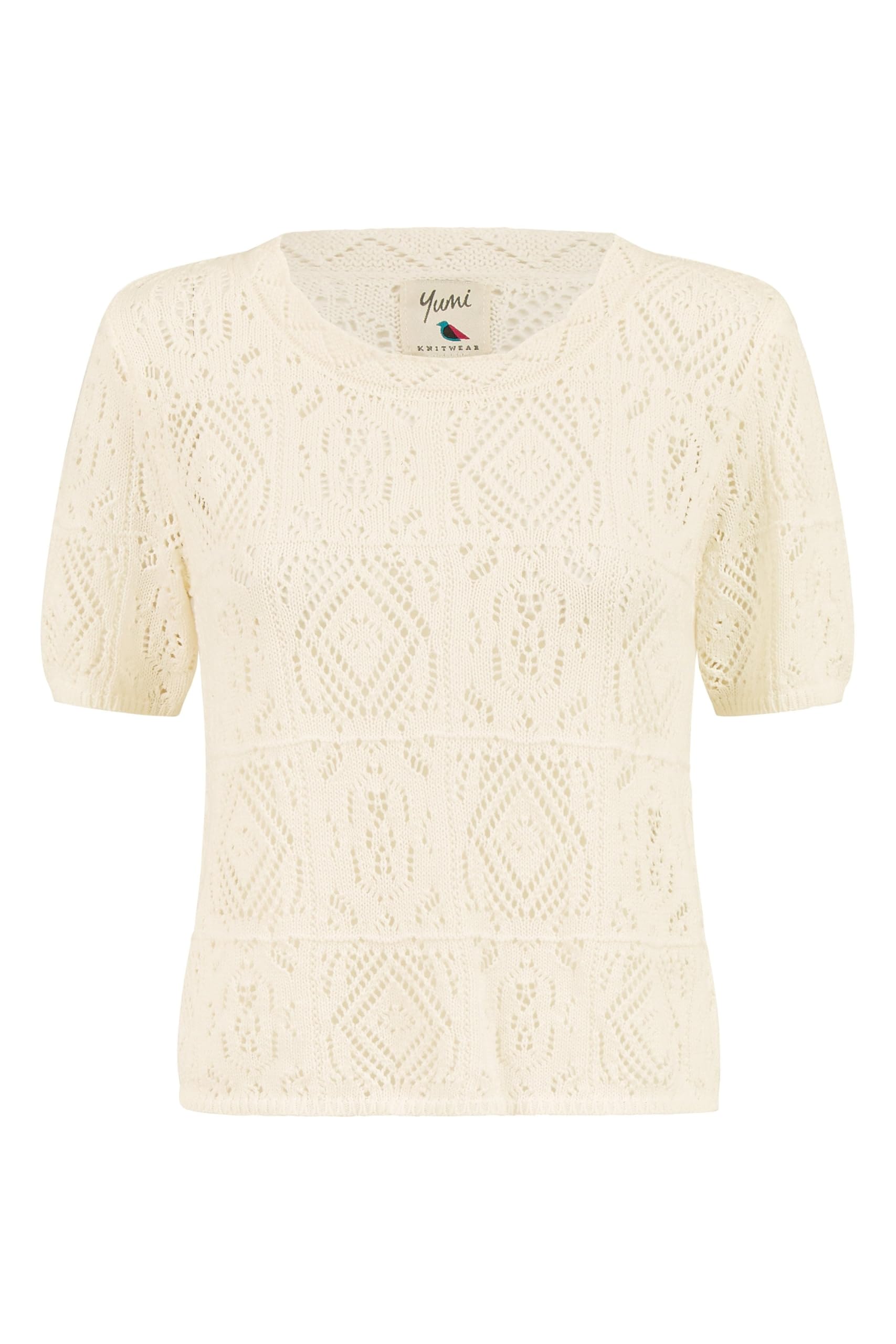 Yumi Women's White Ivory Cotton Crochet Knitted Top - Size M Uk