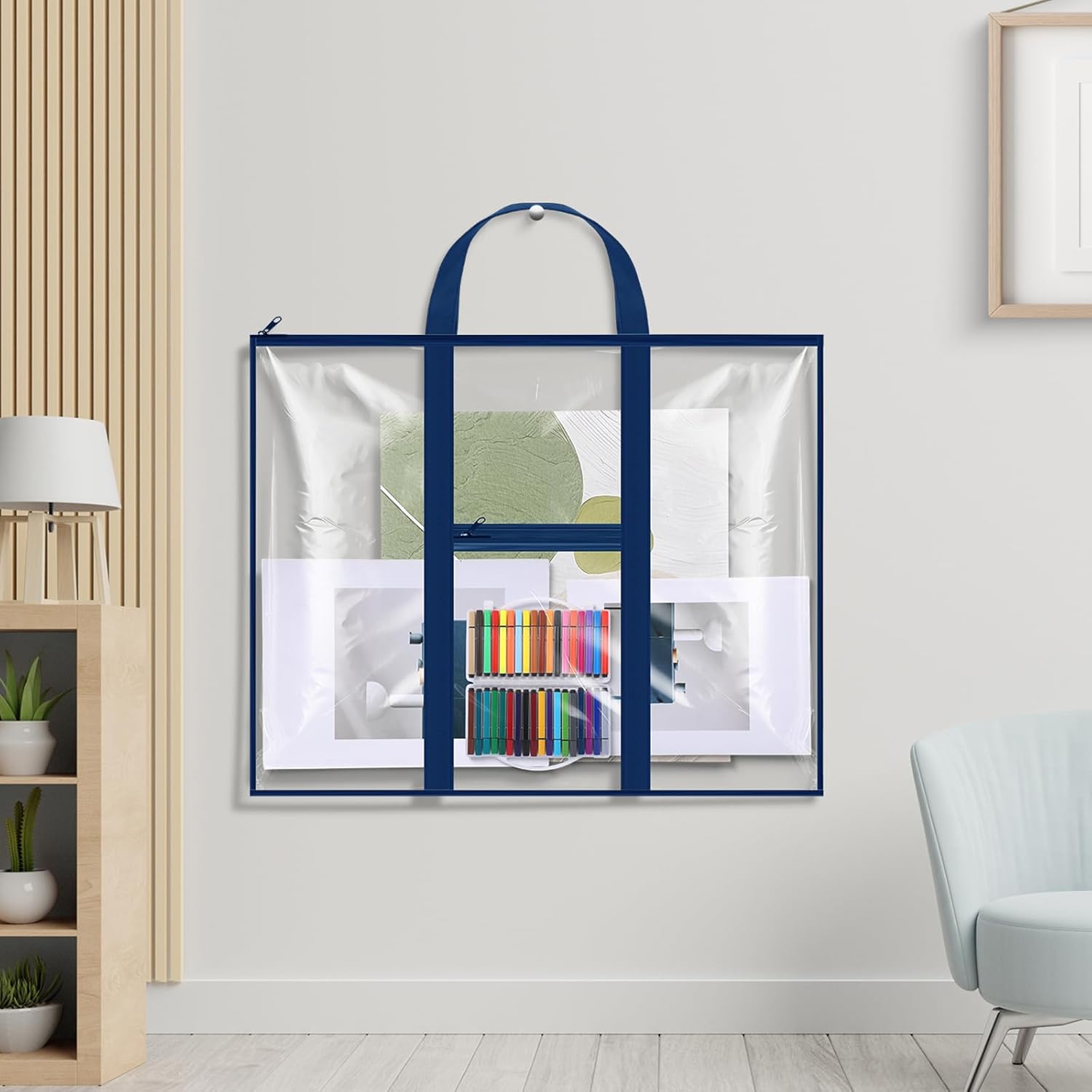 Gilprop 3 Pack Large Poster Storage Bags 31.5"×25.2" PVC Art Portfolio Container Bulletin Board Poster Pocket with Zipper Handle Pockets for Teacher Artist Organization (Blue, Clear)