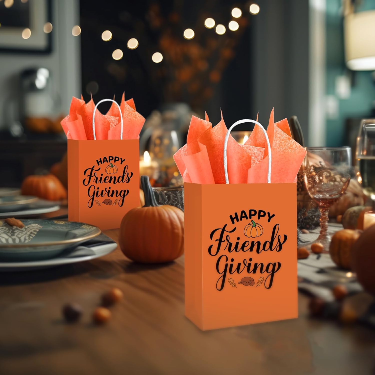 Cholemy 36 Sets Friendsgiving Party Gift Bags Thanksgiving Party Favor Friendsgiving Treat with Tissue Orange Thanks Giving Paper Gift Bags with Handles for Friend Guests, 5.9 x 3.15 x 8.27 Inch