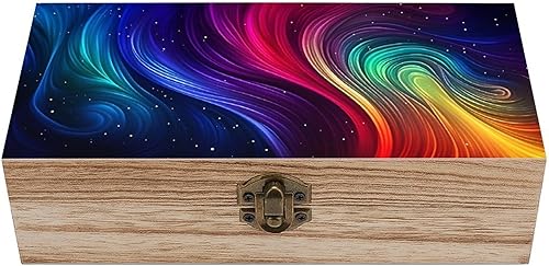 Rainbow Waves Wooden Storage Box (7.9" X 3.9" X 2.3"),Vintage Wooden Jewelry Box with Hinged Lid Natural Wood Keepsake Storage Boxes, Decorative