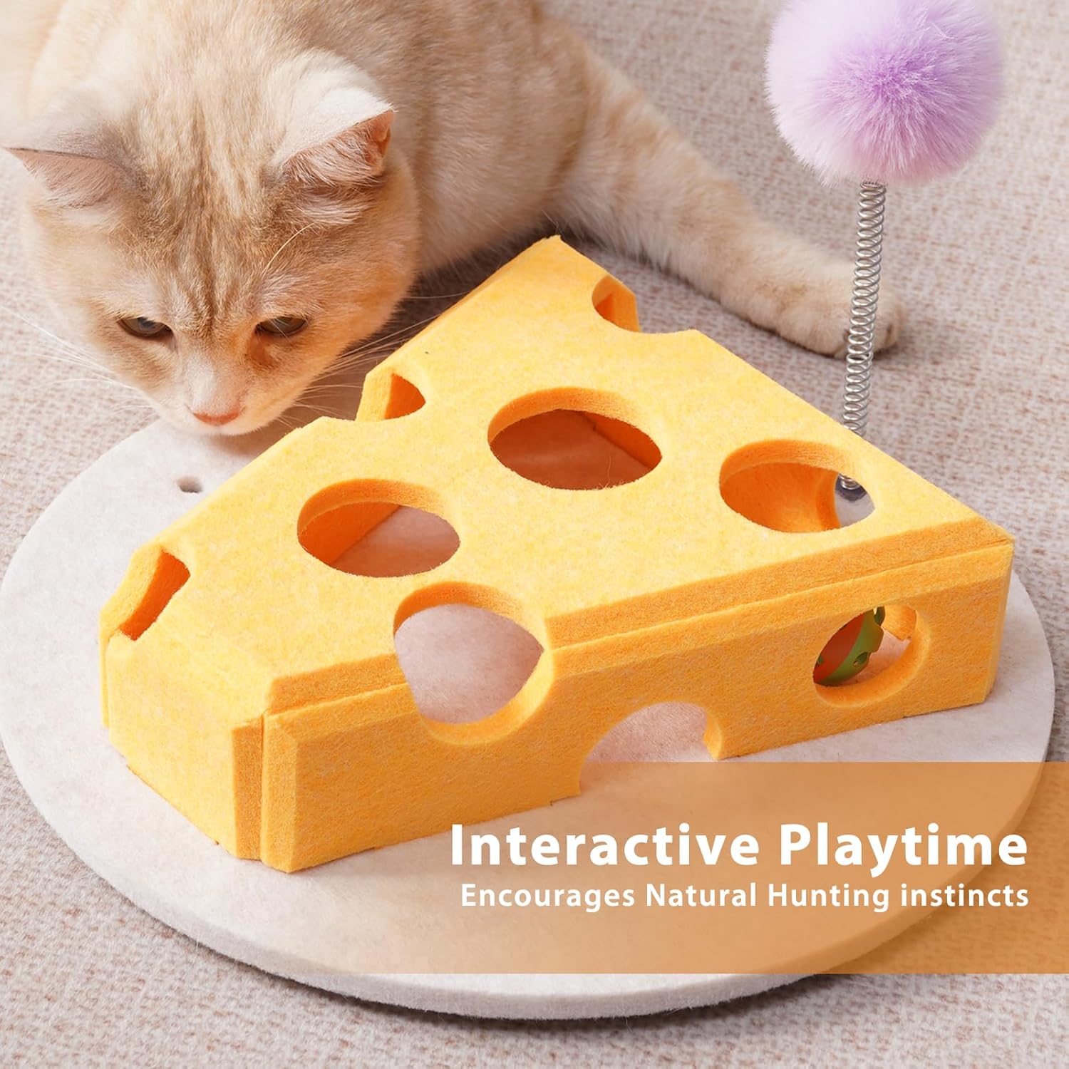 Cat Puzzle Toy with Balls & Spring Teaser – Felt Cat Toy Box for Indoor Cats, Suction Cup Base, Treat Puzzle for Solo Play, Mental Stimulation, Self Play, Hunting & Enrichment (Yellow) image 2 of 7 B0F9STDQFF