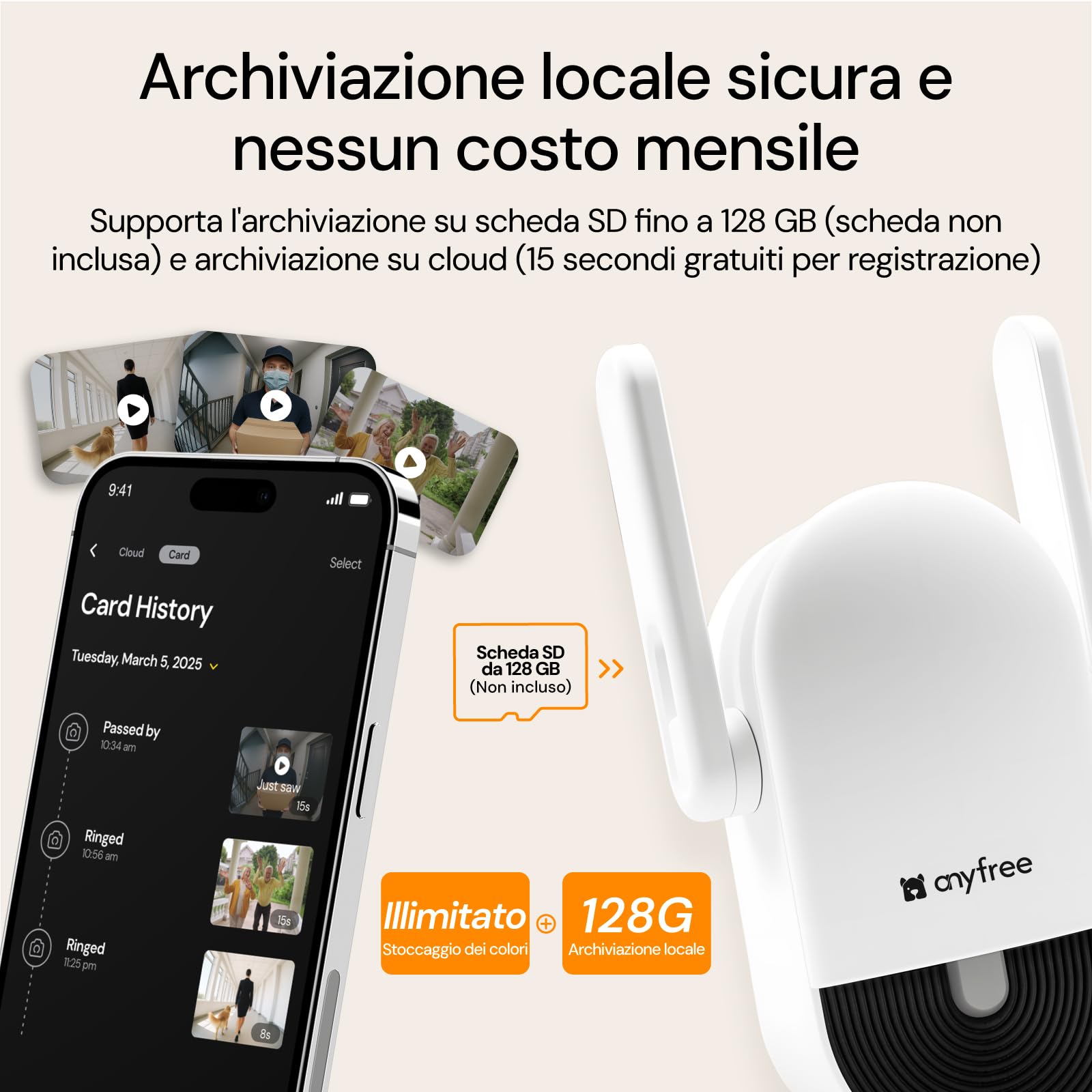 anyfree Videocitofono Wifi Campanello Senza Fili da Esterno,Videocitofono Wifi da Esterno,Rilevamento Intelligente delle Persone,Audio Bidirezionale,Supporta il Wifi a 2,4/5GHz (Oro)