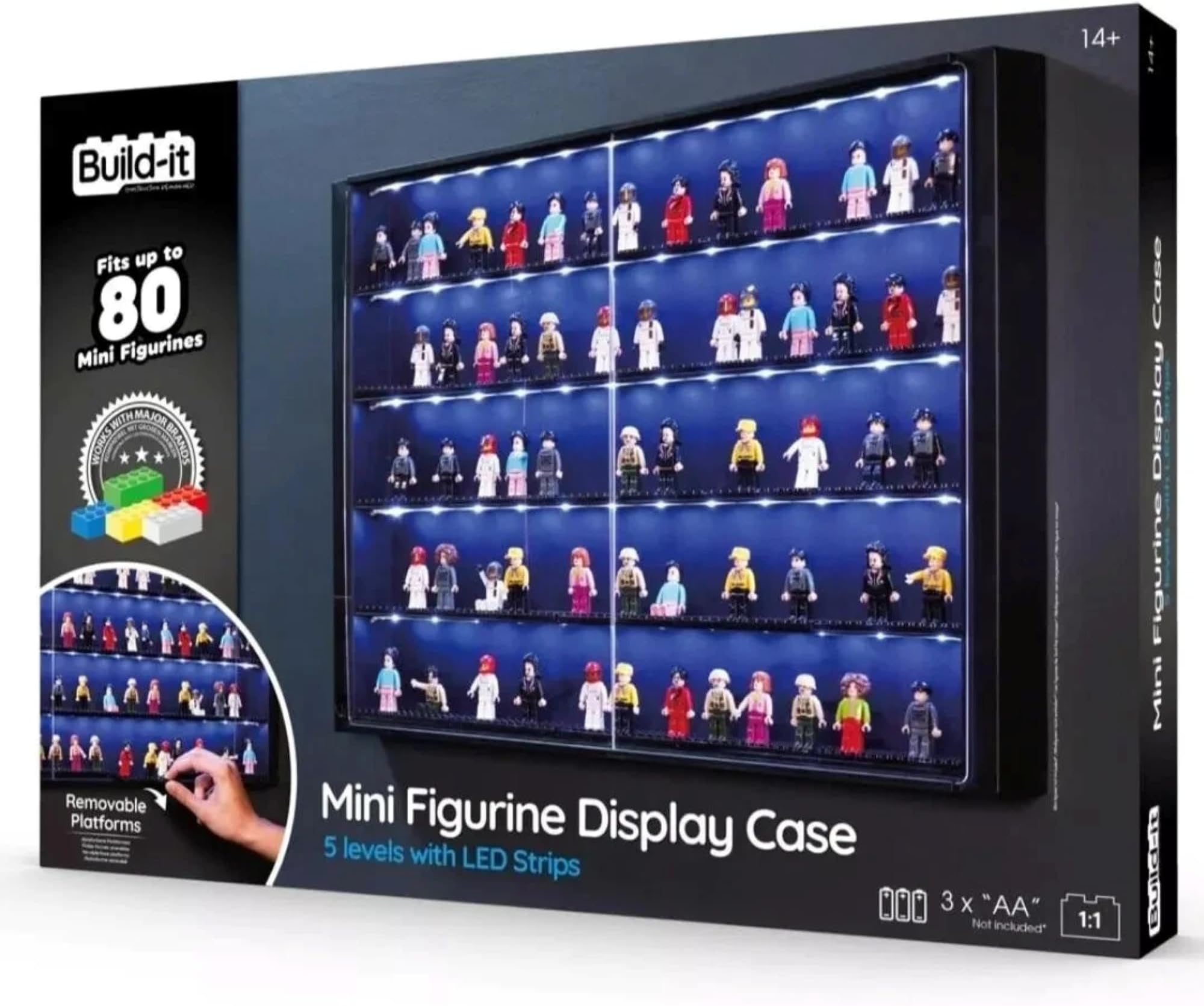 Display Case for Minifigures Build LED, 5 Levels with Removable Platforms, Holds up to 80 Figures