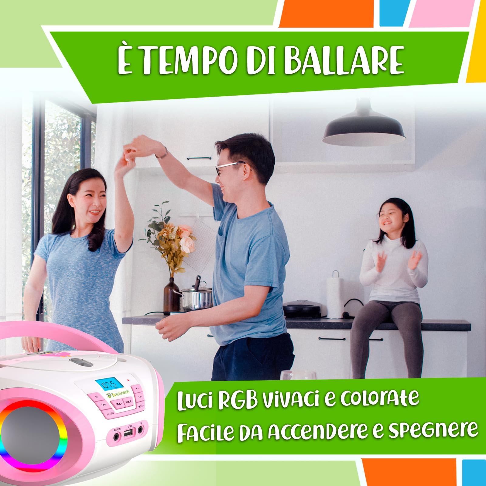 TinyGeeks Tunes CD PLAYER BAMBINI - NUOVO - Radio FM - Batterie incluse - LETTORE CD BAMBINI con altoparlanti - Regalo perfetto - Rosa