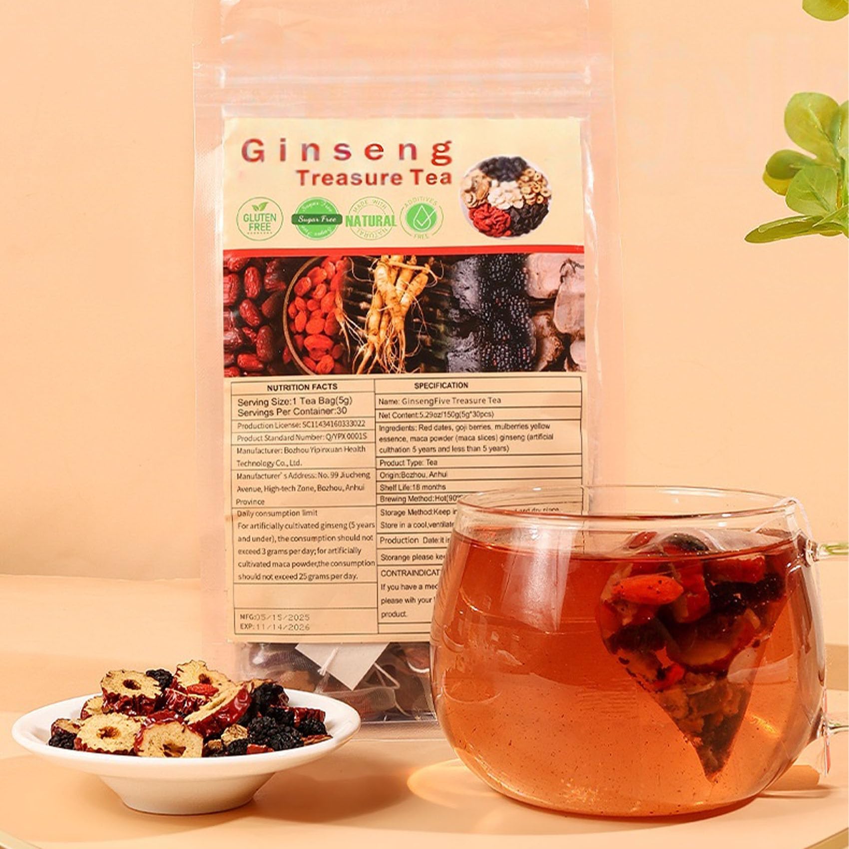 Ginseng Six Treasure Tea, Organic Natural Six Treasure Teas for Daily Wellness, Ginseng, Mulberry, Goji Berry, Red Date | 30 Tea Bags for Men & Women (1 Pack)
