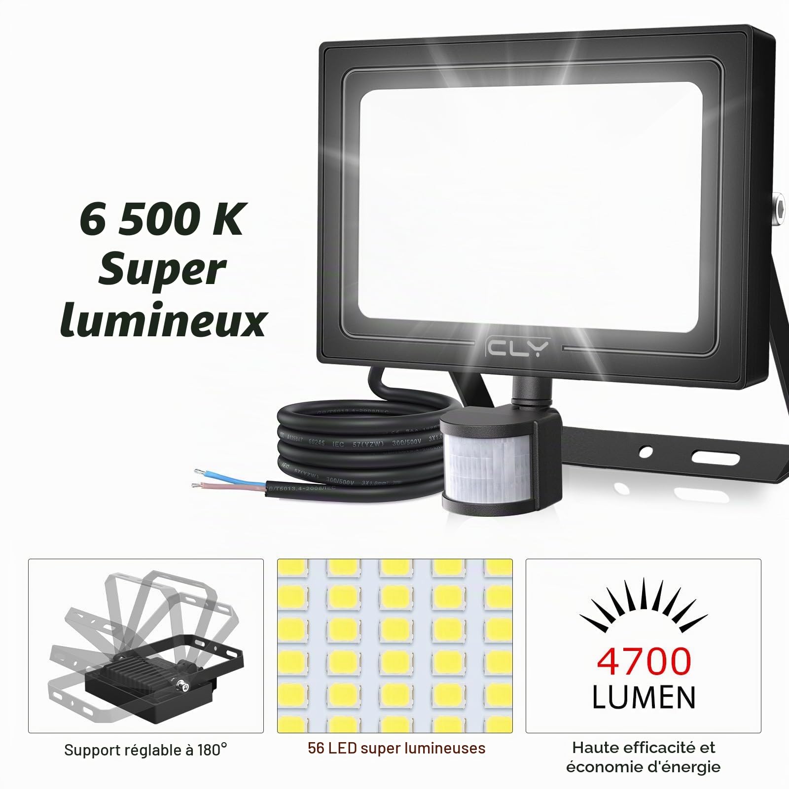CLY Projecteur LED Détecteur de Mouvement 50W, 4700LM Spot LED Extérieur Étanche IP66 Projecteur Exterieur 6500K Blanc Froid Éclairage Exterieur avec Detecteur Pour Cour Garage Patio Jardin
