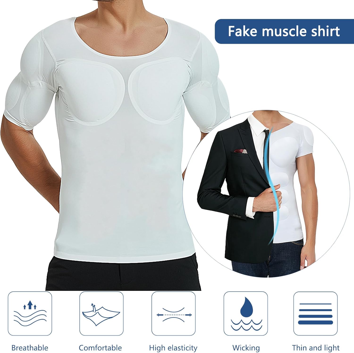 Fake Muscle Shirt, Invisible Padded Muscle Shirts for Men, Men Shaper False Muscle Chest T-Shirt, Breathable Ice Silk - Image 2
