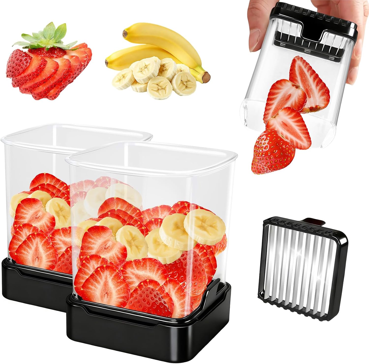 2 Pack Fruit Slicer Cup for Strawberry, Banana, Hard-Boiled Egg – Detachable Cutter with Push Plate – Rapid & Safe Slicing Kitchen Gadget for Quick Meal Prep (Black)