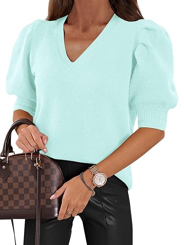 Womens Puff Short Sleeve Sweater Tops 2025 Spring Summer Trendy
