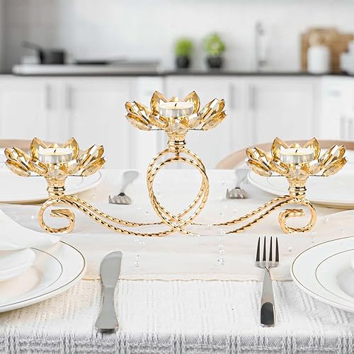 Miniatura 7 de Juego de 2 candelabros votivos de cristal dorado para velas de té, 3 brazos en forma de flor, para centro de mesa, boda, fiesta y decoración del