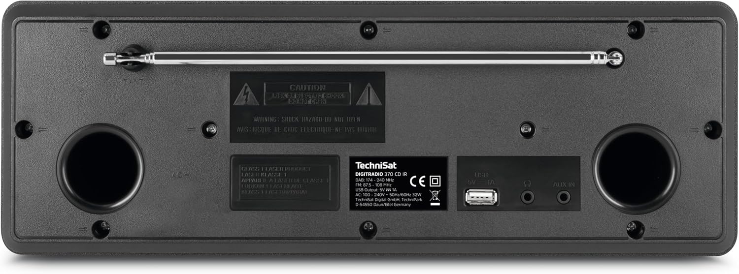 Rear view of TechniSat DIGITRADIO 370 CD IR showing antenna, USB, and AUX ports