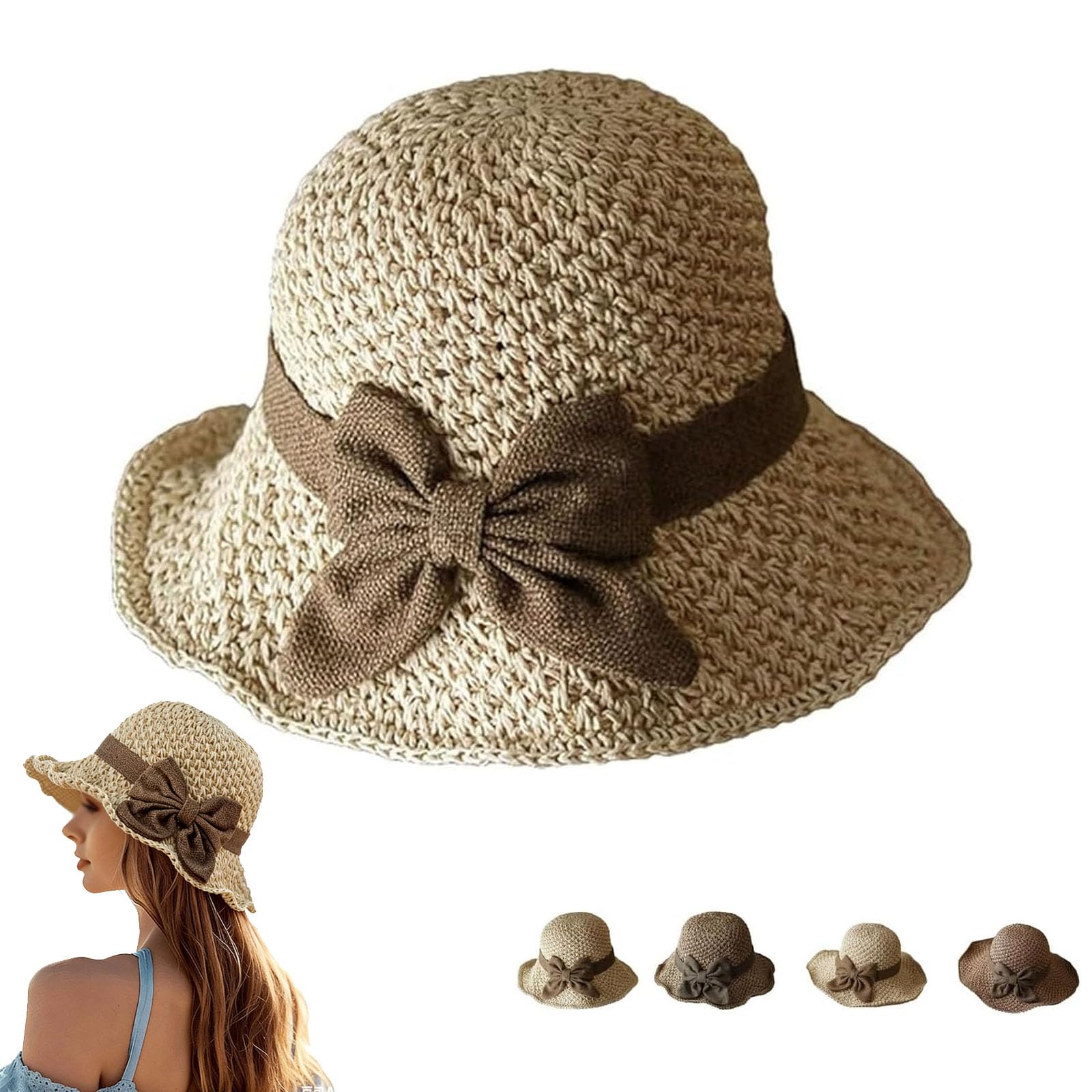 Xtdomcoth Versatile Retro Woven Handmade Straw Hat with Ruffled Bow, Womens Straw Bucket Hat Foldable Wide Brim Floppy Beach Sun Hats (Beige)