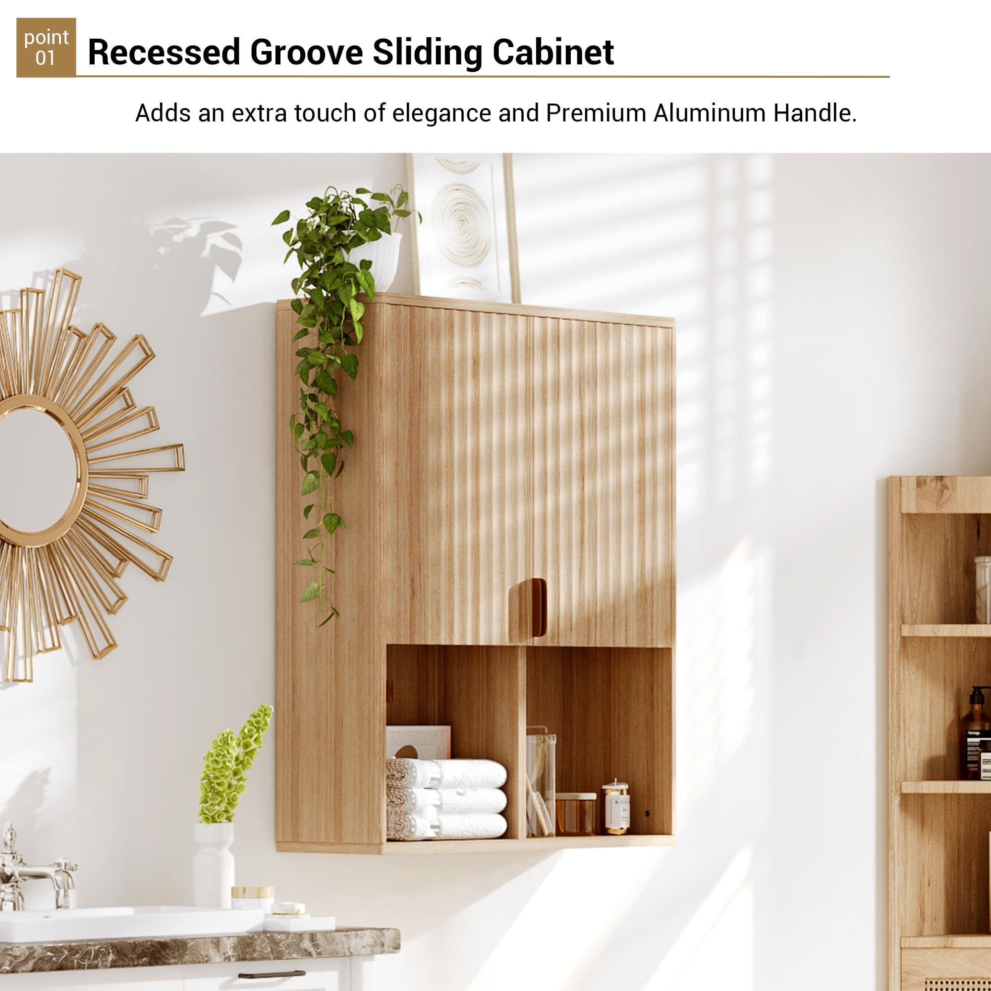 GarveeHome Gabinete de baño de Madera Natural montado en Pared - Puertas, estantes Ajustables y Espacio Abierto - Almacenaje Moderno sobre Inodoro para baño, lavandería, Cocina y Sala - Madera