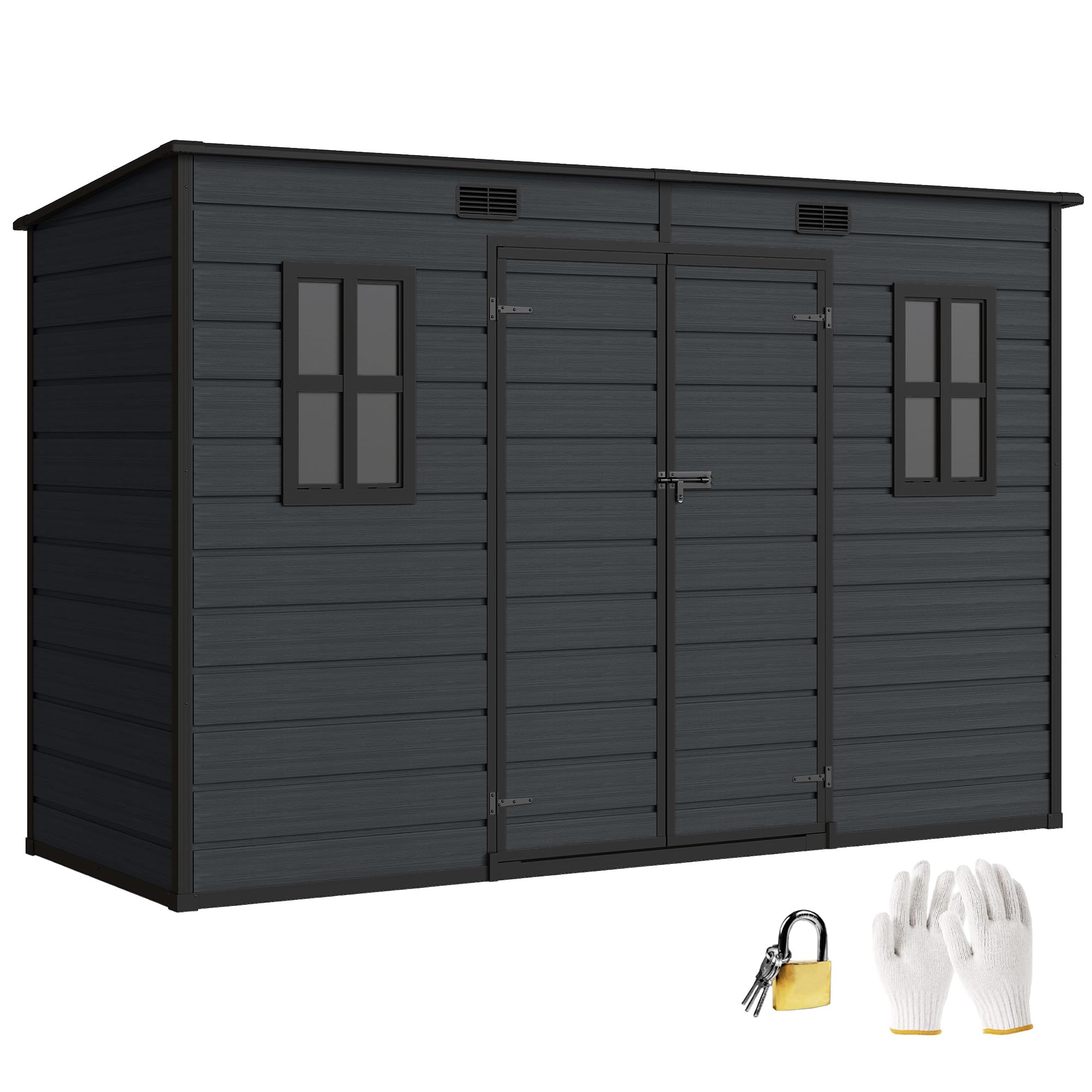Outsunny 10 x 4 ft Plastic Garden Shed, Outdoor Storage Resin Shed with Floor, Double Windows, Lockable Doors and Vents, for Tools, Bike, Generator, Grey — view 10