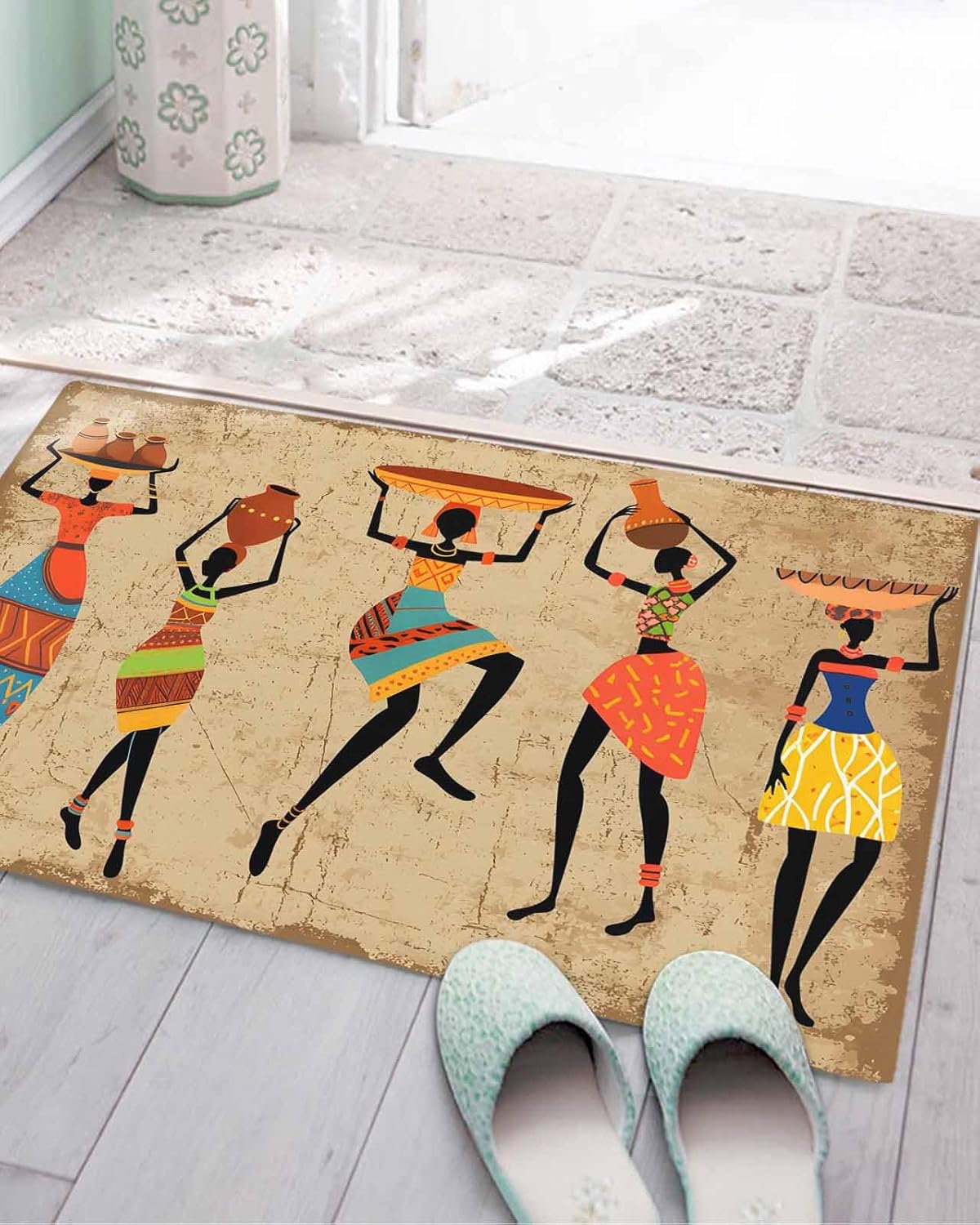 Non Slip Bath Mat for Bathroom Floor Tub, Folk African Women Dancing Bathroom Rug Water Absorbent Soft Shaggy Rugs Indoor Doormats Tribal Art on Retro Brown Mats,18x30In