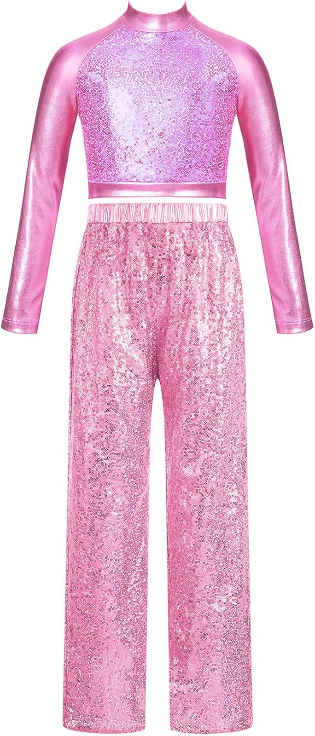 Linjinx Kids Girls Sparkly Sequins Dance Hip Hop Performance Sets Long Sleeve Crop Top with Pants Outfit