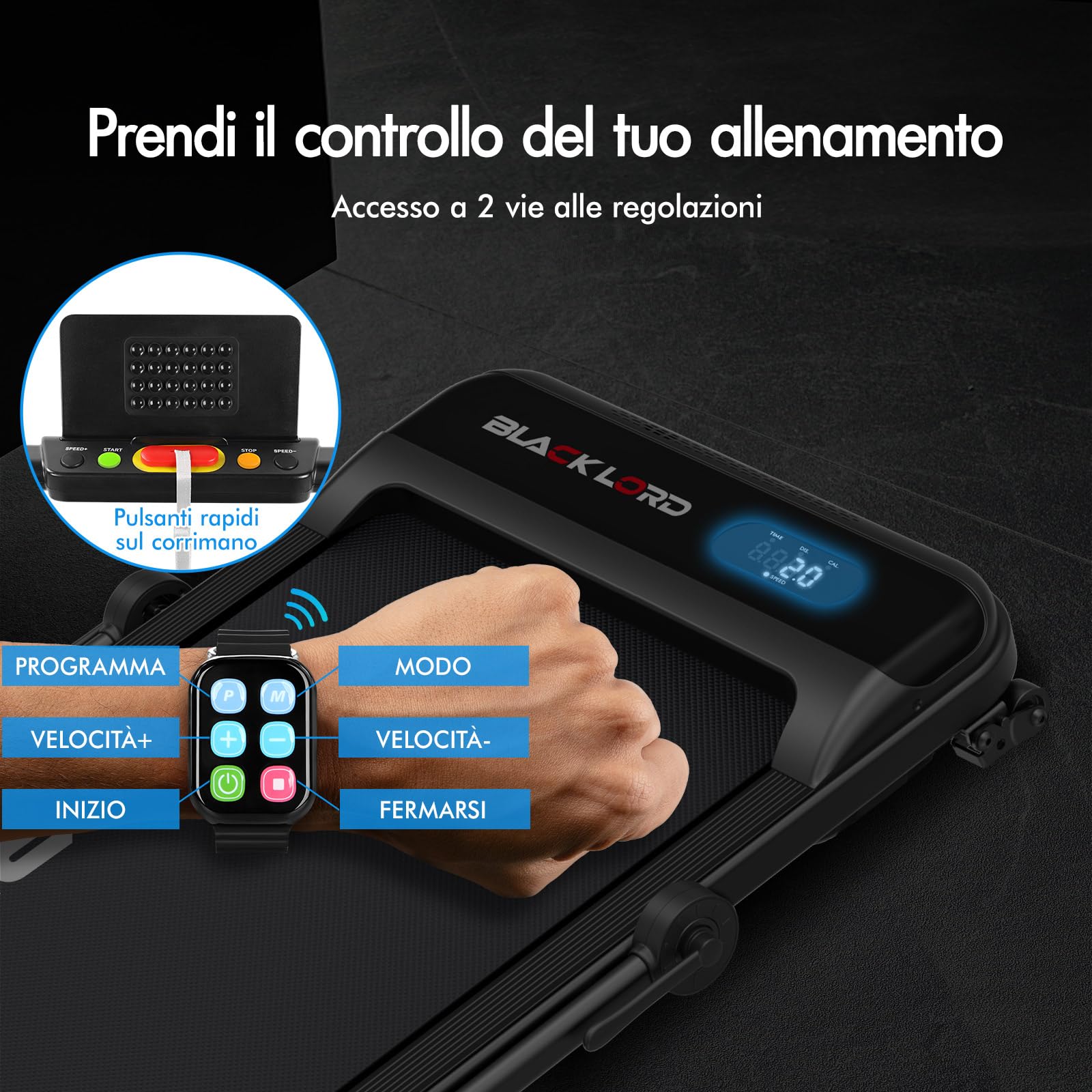 BLACK LORD Tapis roulant, Walking pad 9/12/16 km/h, Tappetino da corsa con/senza inclinazione del 9%, Sotto la scrivania, Portatile, Silenzioso, Display LED, App, Capacità di carico 120/130/140 kg