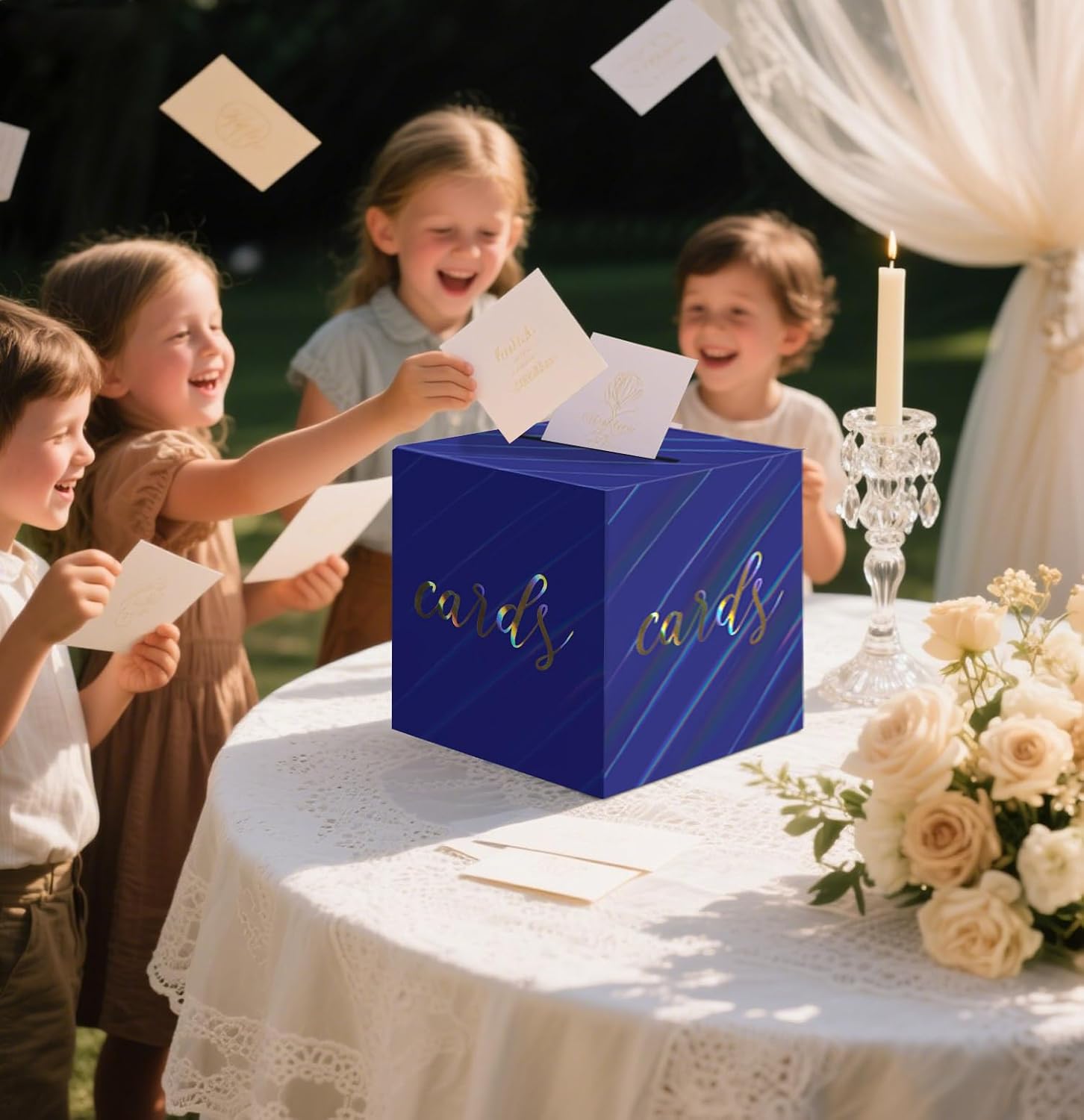 SietDESEO Iridescent Navy blue Card Box for Party 9 x 9 Inch Gift Card Box Holder for Wedding Birthday Graduation Baby Shower Decorations image 2