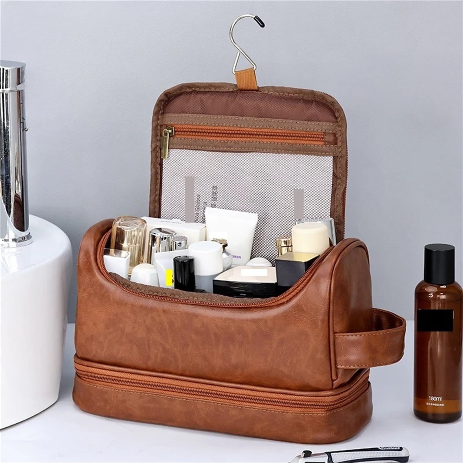Neceser de Viaje Bolsa de Maquillaje Colgante Gran Capacidad, Piel sintética, for Hombre, con Doble Capa, Organizador artículos Esenciales Viaje(Brown1)