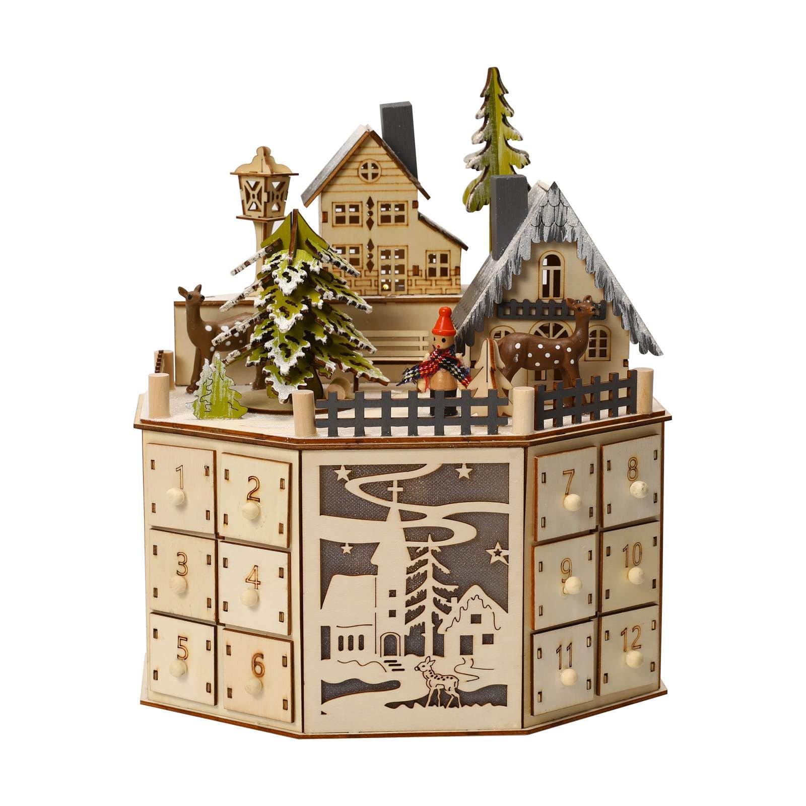 Calendario dell'avvento in legno con 24 cassetti, illuminato a LED, calendario dell'avvento con musica, calendario dell'avvento vuoto da riempire con conto alla rovescia, regali per le vacanze