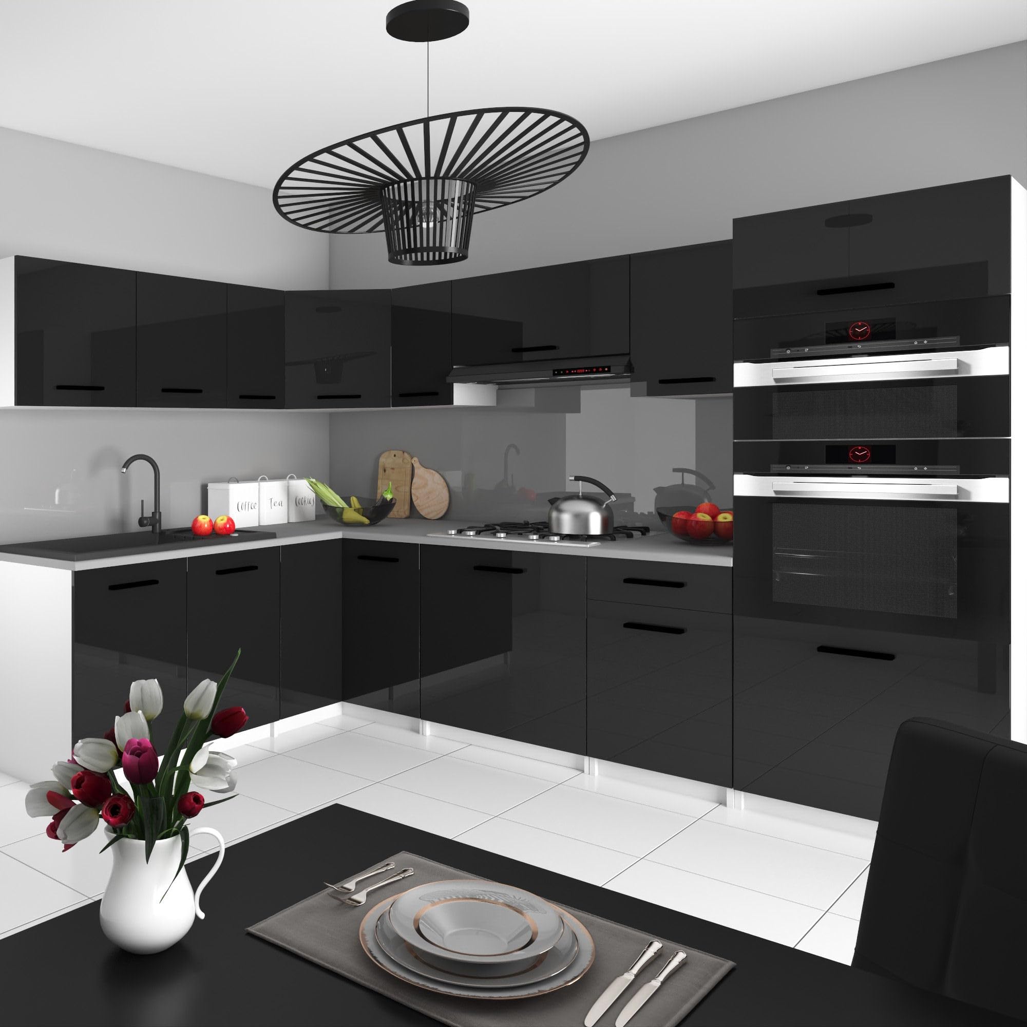 Belini Italia 8 Narożna szafka kuchenna 420cm Czarny | Narożna szafka kuchenna, białe skrzynki, ECONATURA DECOR odporna na zarysowania, bez sprzętu AGD, z blatem roboczym