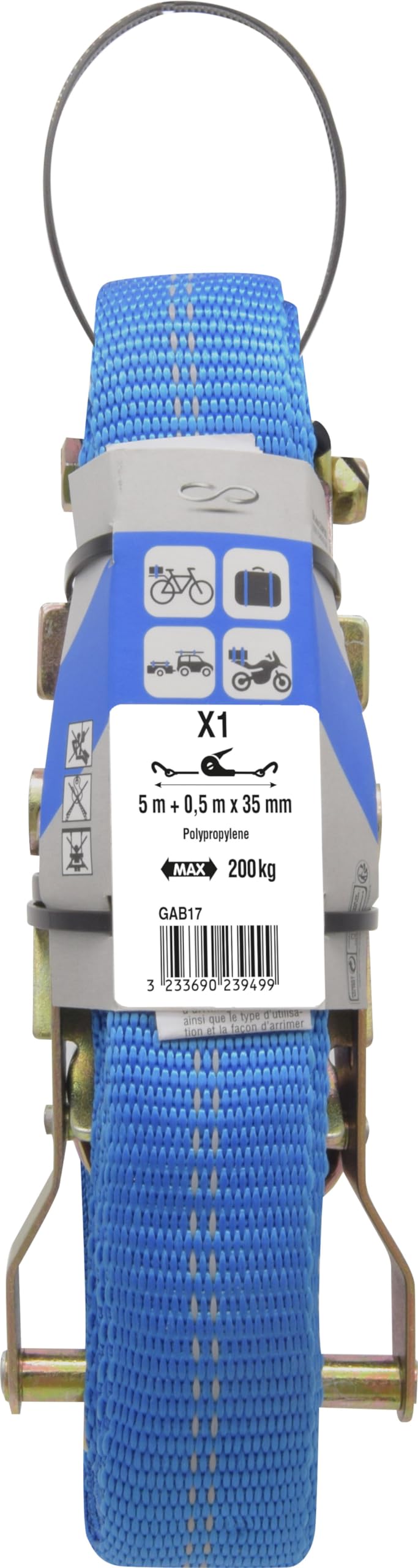Chapuis gab17 correa polipropileno con tensor de trinquete y 2 ganchos cerrados – Tensión máxima de uso 200 kg – anchura 35 mm – longitud 5, M – Azul