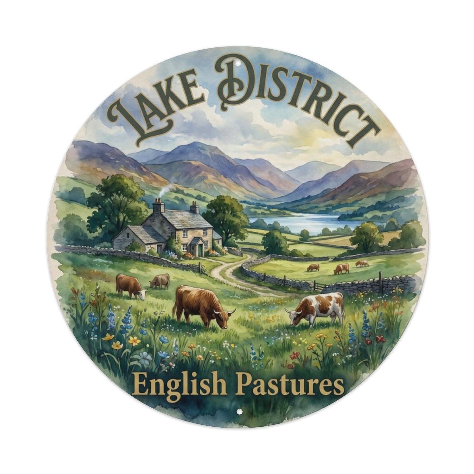 Vintage Travel Lake District Pastures Metal Tin Sign Plaque Wall Decor for Cafe, Club Bar, Office, Home Garden Round Metal Poster 8x8Inch