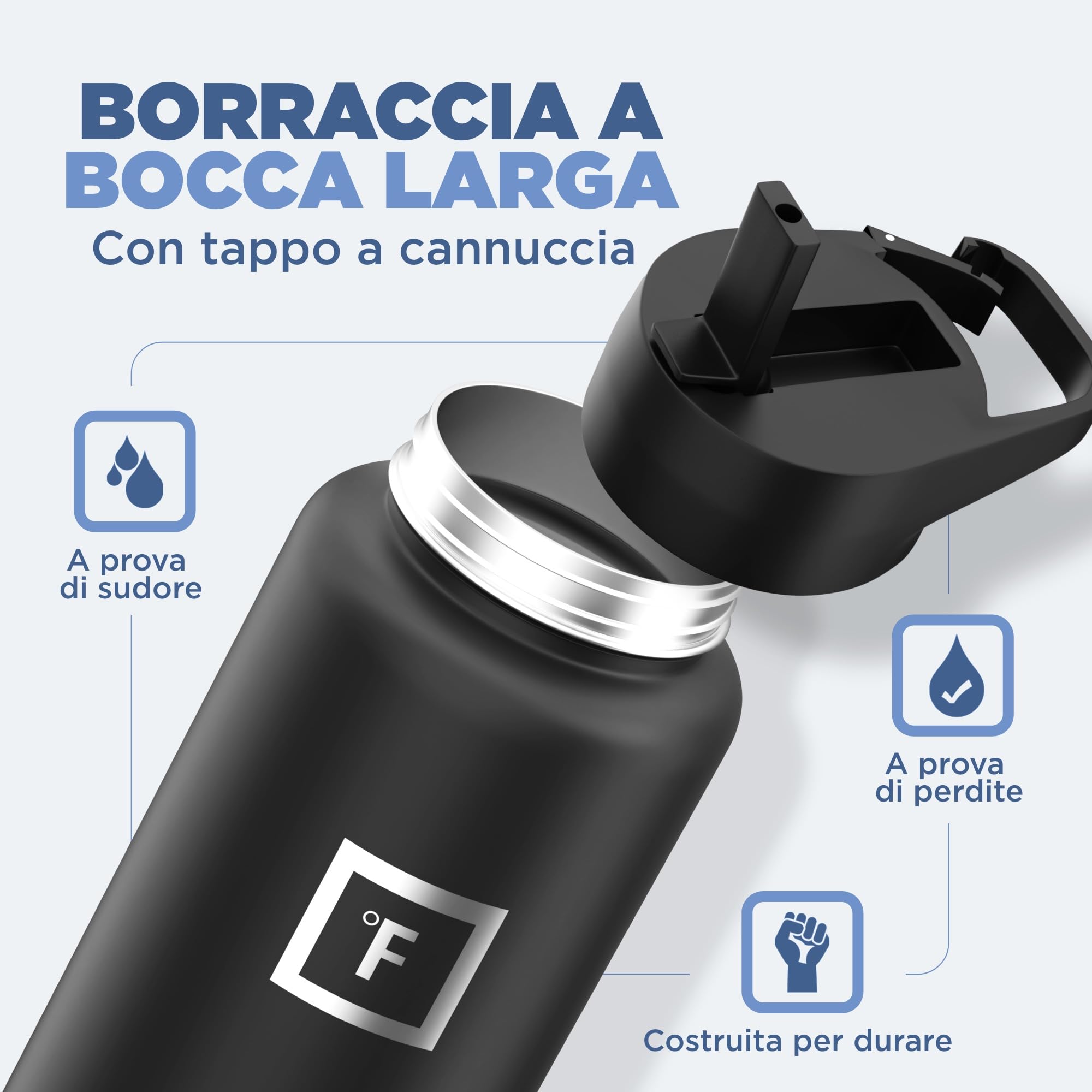 Iron Flask - Borraccia sportiva da 900 ml, 3 coperchi (coperchi con cannuccia), in acciaio inox isolato sottovuoto a prova di perdite, a doppia parete, termica, in metallo