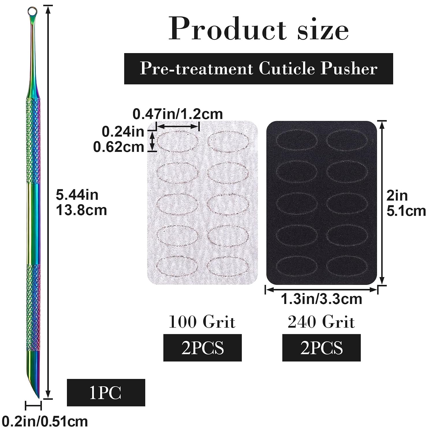 SmallCat 1 Pcs Cuticle Pusher Tool with 240# 100# Grit Nail Files, Metal Cuticle Tools, Stainless Steel Round Manicure Tools for Manicure Pedicure Nail Art, Salon, Home Use-Colorful image 2