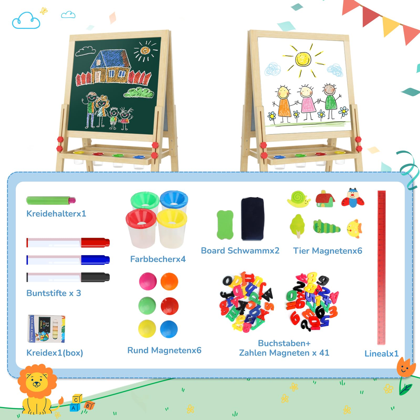 Dripex Bambini con Cavalletto pieghevole in Legno Regolabile in Altezza, Lavagna a Doppia Faccia con 26 Accessori per la pitturaper(49x49x88-105cm)