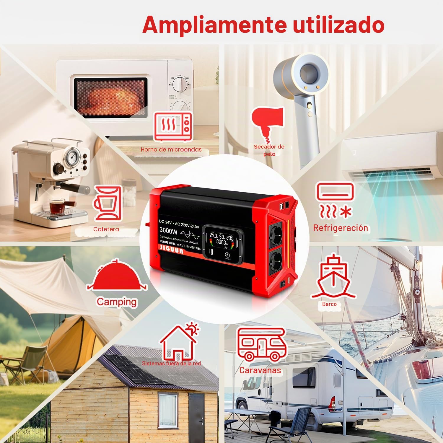 JIGUUN 3000W/9000W Inversor 24V 220V Onda Pura Convertidor Inverter con 2 Tomas EU y 3 Puertos USB y Tycp-C, Adecuado para Autocaravana, Camiones, Camping, Sistemas Fuera de la Red y más (3000W24V)
