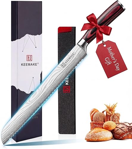 KEEMAKE 10 Inch Bread Knife for Homemade Bread - Ultra Sharp for Serrated Sourdough, Crusty Artisan Loaves, Bagels & Cake, High Carbon Stainless Steel Slicing Knife with Cover & Mom Gift Box