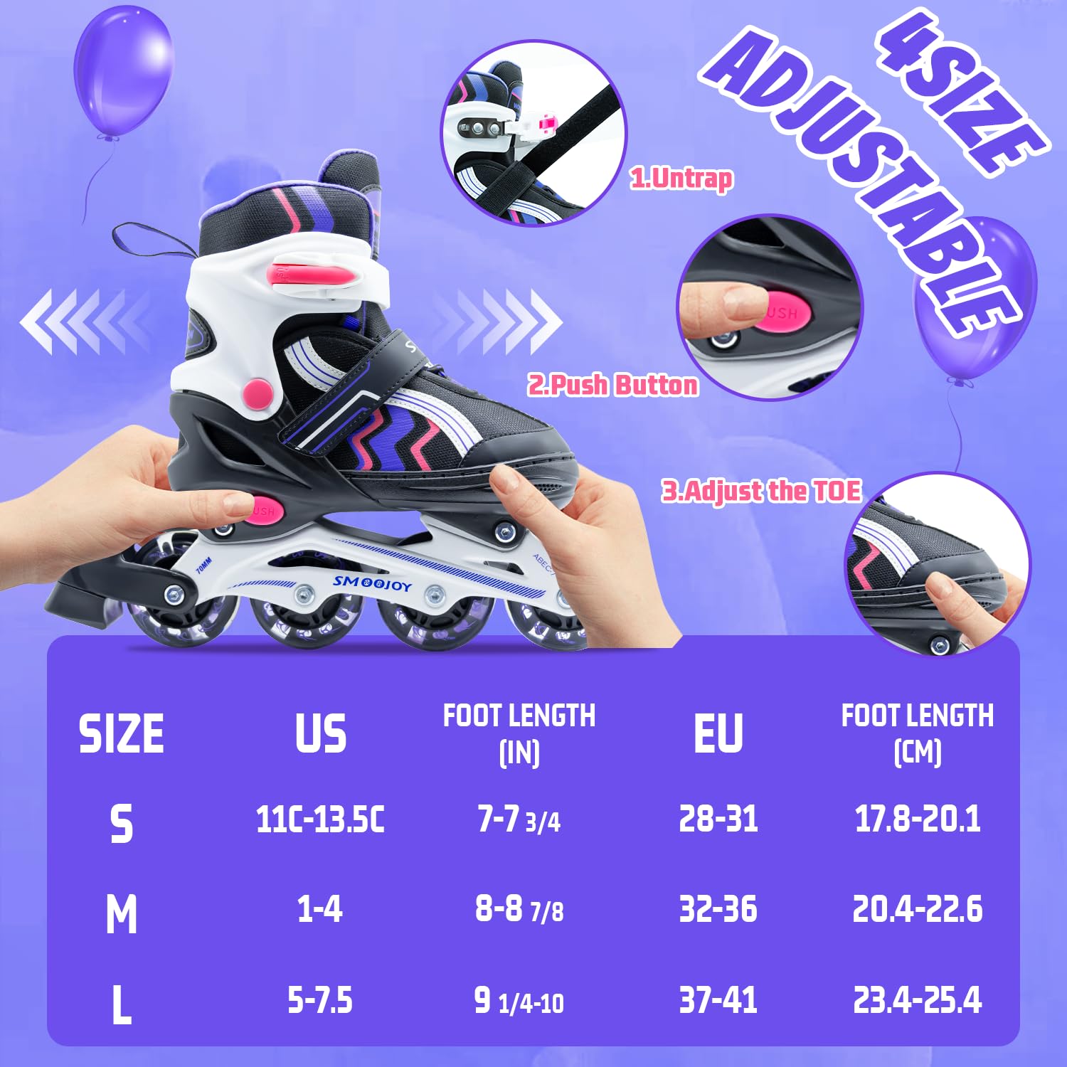SMOOJOY Inline Skates for Kids Light-Up Wheels Aluminum Frame Black Rose Red Blade Skate for Boys and Girls S, M, L Sizes, Ages 8-12, Perfect for Beginners Indoors and Outdoors