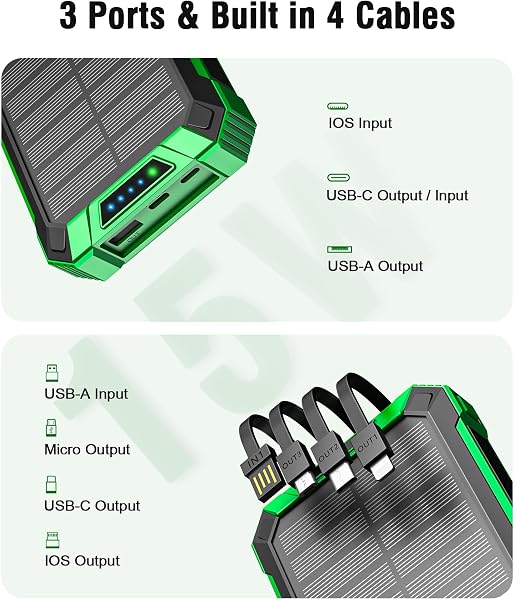 Batterie Externe Solaire avec 4 Câbles, 26800mAh Chargeur Solaire Portable sans Fil Power Bank USB-C 15W Charge Rapide 6 Sorties 3 Entrées pour Téléphone, avec Lampe de Poche, Mousqueton - 2