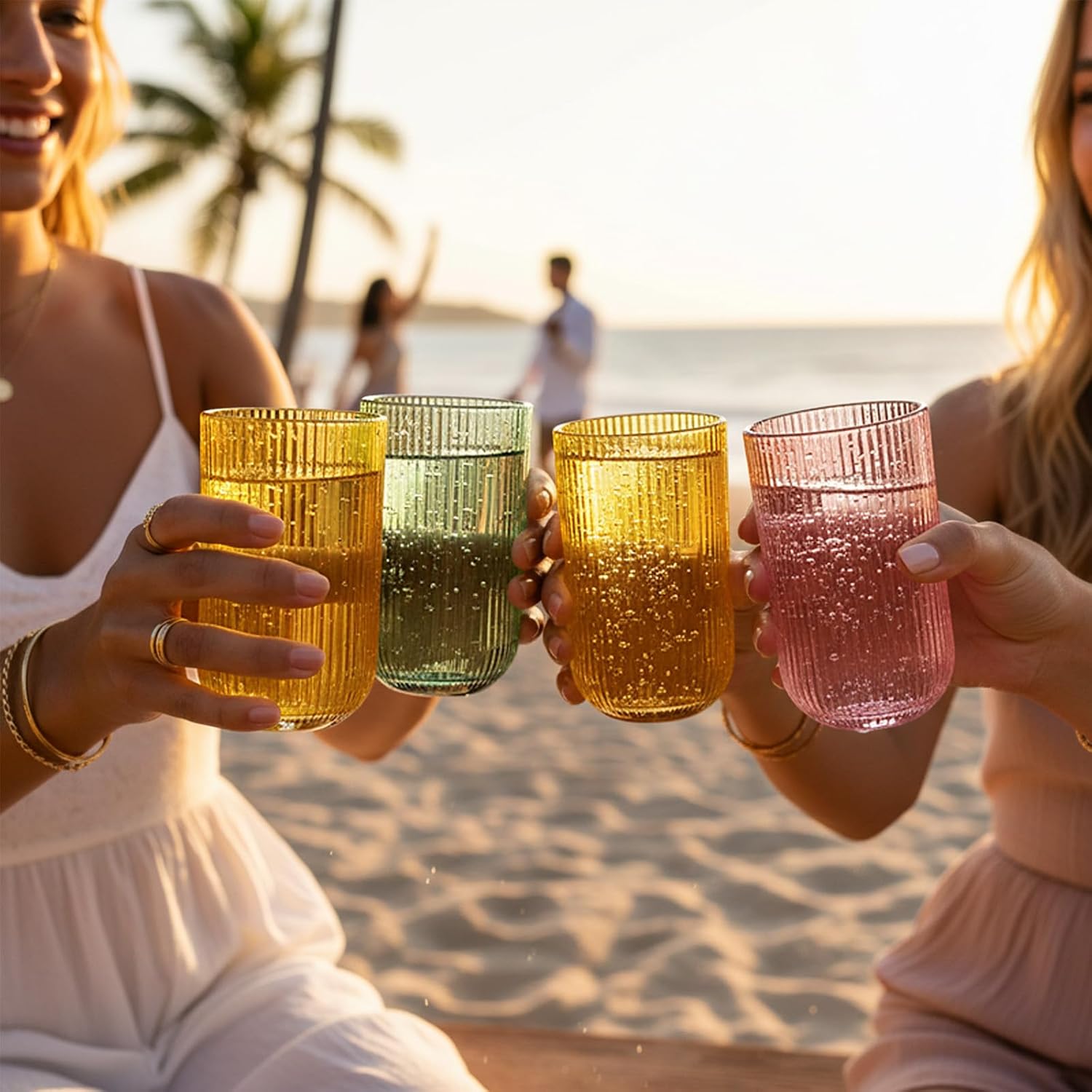 Set of 8 Dopamine-colored-match Ribbed Glassware,4 Highball Glasses 14oz & 4 Rocks Drinking Glasses 9oz, Origami Style, Fluted Design, for Daily use, Water, Cocktail, Whiskey, Kitchen, Gift - Image 2