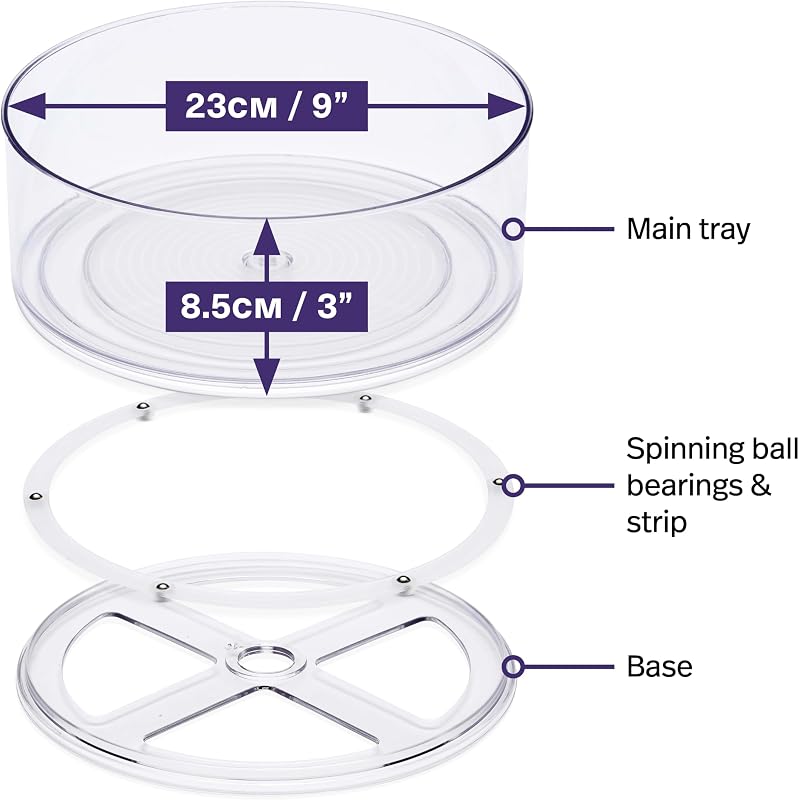 MATANA 360° Forgó Tálca Szett 2db - 23cm Átlátszó Forgótányér Magas Peremmel Fűszertartóhoz, Hűtőbe, Konyhaszekrénybe, Fürdőszobai Kozmetiku