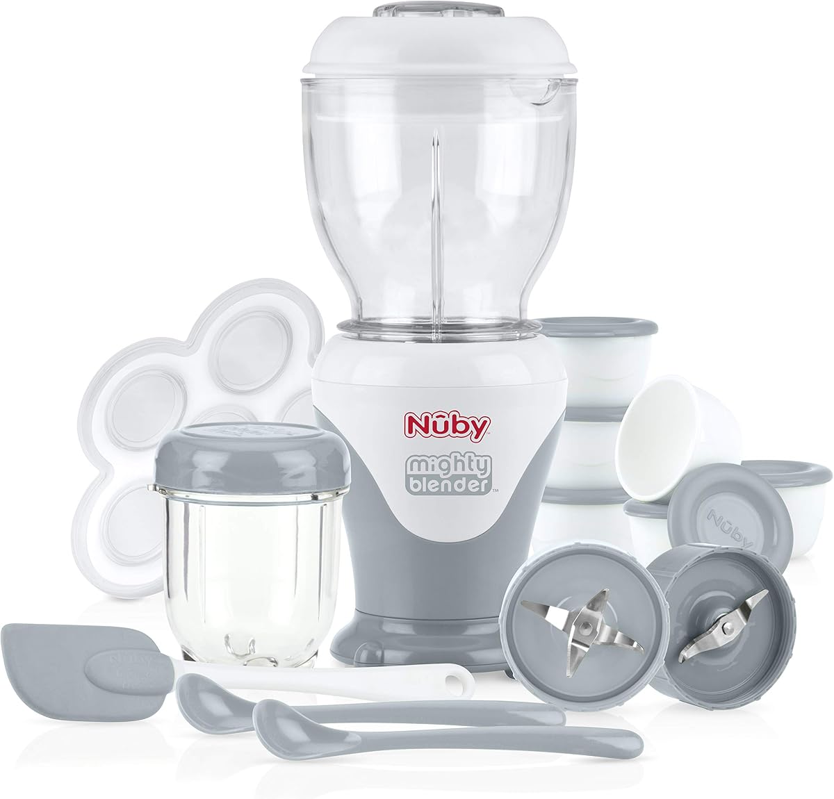 Mighty Blender with Cookbook - 22-Piece Baby Food Maker Set for Different Baby Weaning Stages - Cool Gray Design | Cookbook - Baby Food Maker