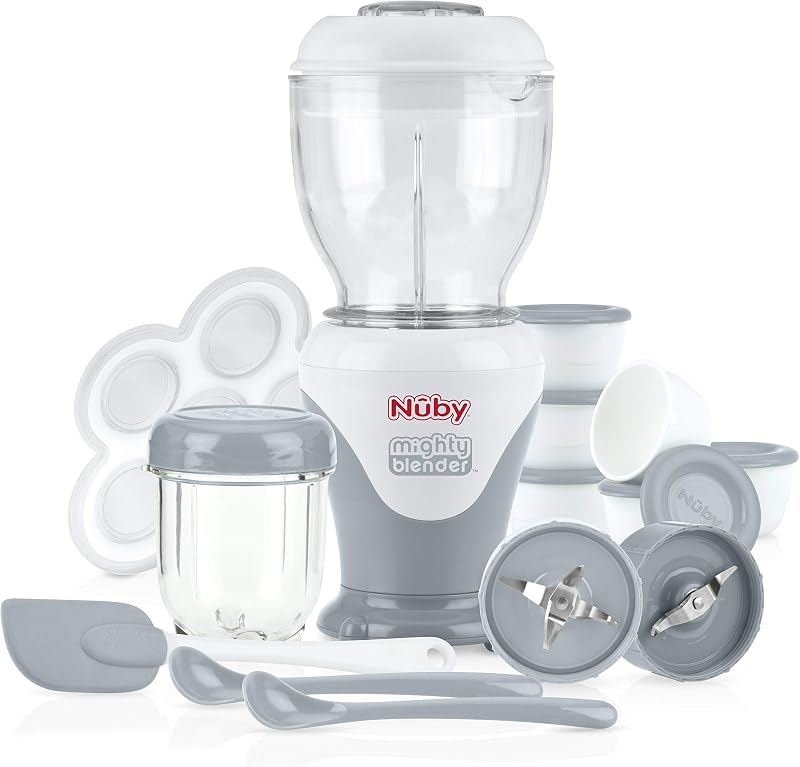Mighty Blender with Cookbook - 22-Piece Baby Food Maker Set for Different Baby Weaning Stages - Cool Gray Design | Cookbook - Baby Food Maker