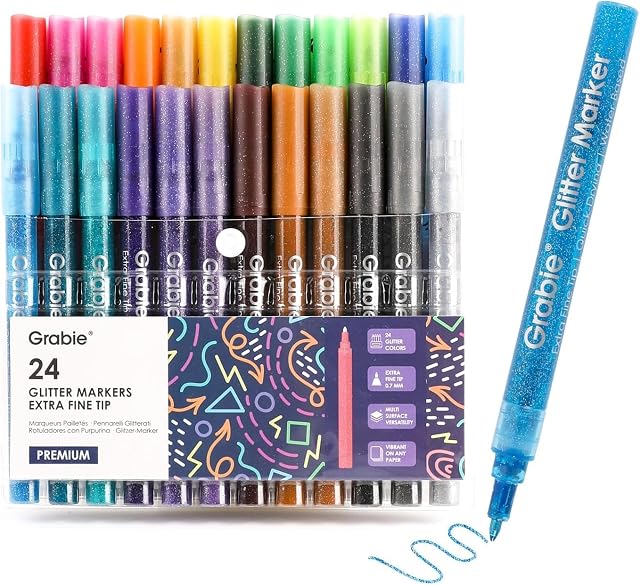 Grabie Glitter Metallic Markers Extra-Fine Tip Glitter Acrylic Paint Markers Quick-Drying Water-based Ink Glitter Pens for Adults DIY