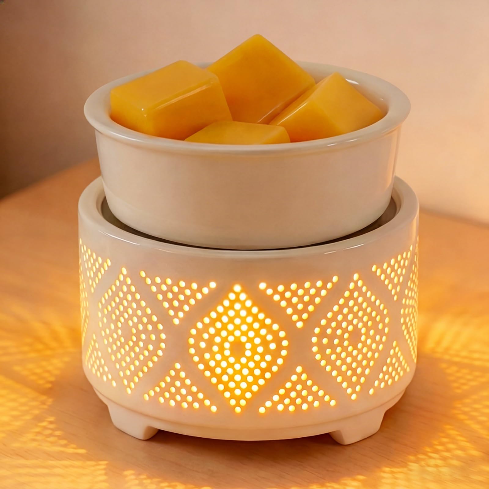 Wax Melt Burner Ceramic Electric 4-in-1 Candle Warmer Lamp with 7-Color LED Light Fragrance Oil Burner for Scented Wax Candle Jar Home Office Bedroom Decor Gifts for Women Mom - Heart Pattern
