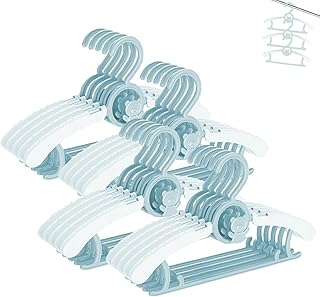 HGYZE Baby Clothes Hangers Non-Slip 20 Pieces 29-37 cm Extendable Children's Clothes Hangers with Trouser Stand, Plastic & Stackable Hangers Ideal for Rompers and Children's Clothing, Blue + White