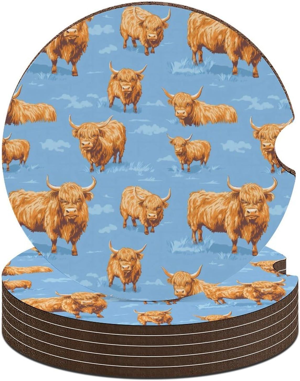 Highland Cows Pattern Cute Car Coasters 2.56 Inch Absorbent Cup Holder for Drinks Auto Interior Accessories