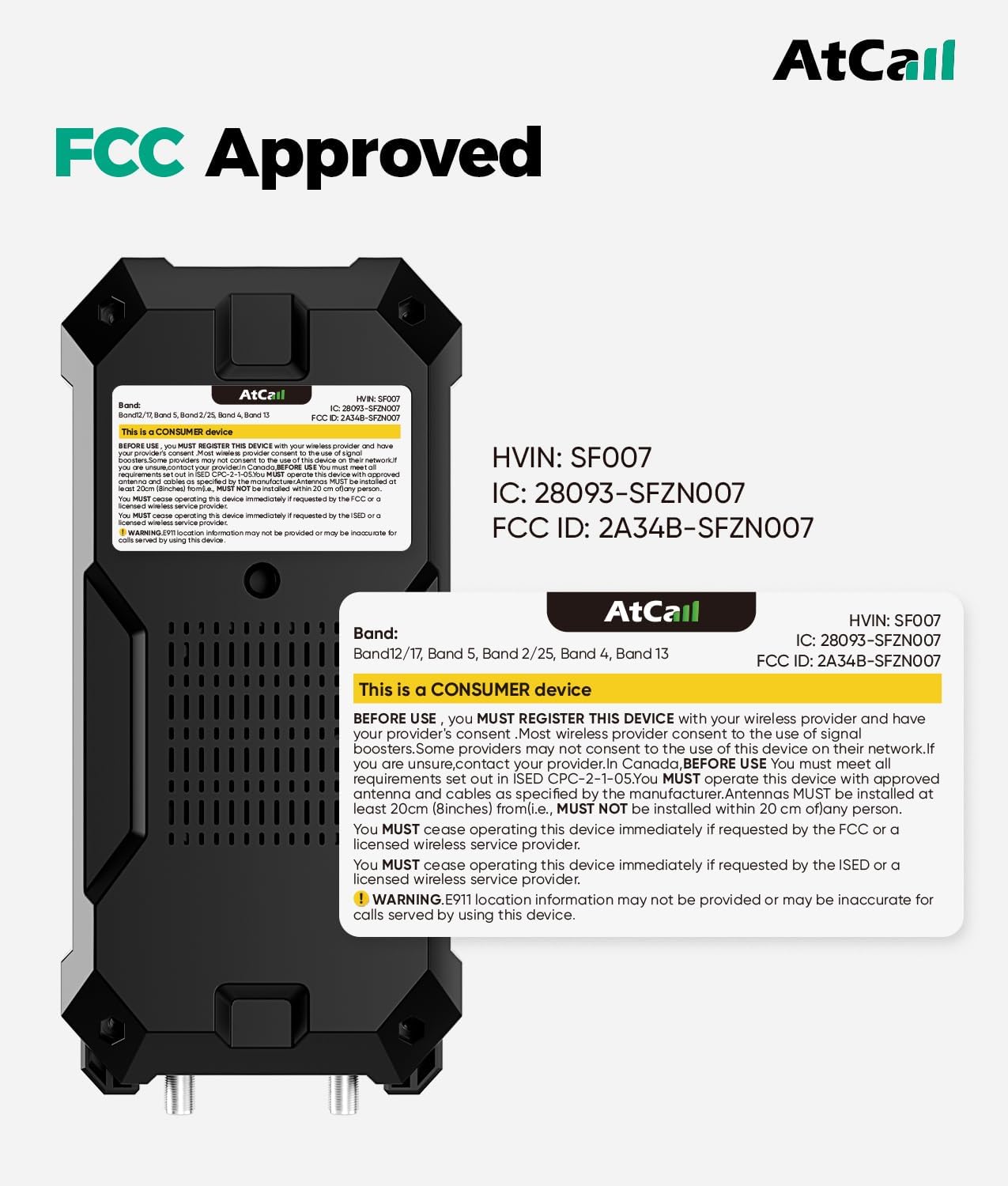 Back of the Atcall SF-Truck booster unit showing FCC ID and compliance information, including warnings for consumer use.