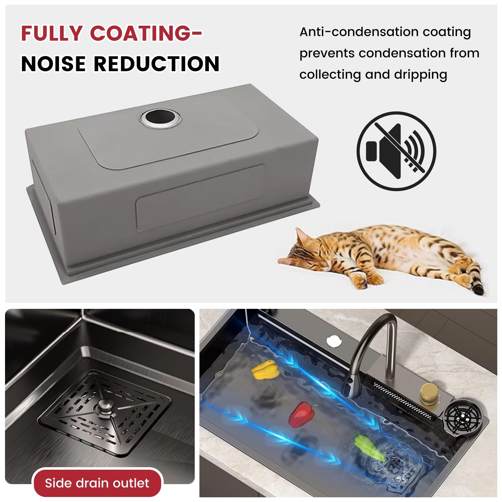 Fregadero de Cocina Black Waterfall, Fregadero de Acero Inoxidable con Grifo extraíble, lavavasos, Kit de desagüe, Fregadero de Barra Grande de un Solo Seno para instalación empotr