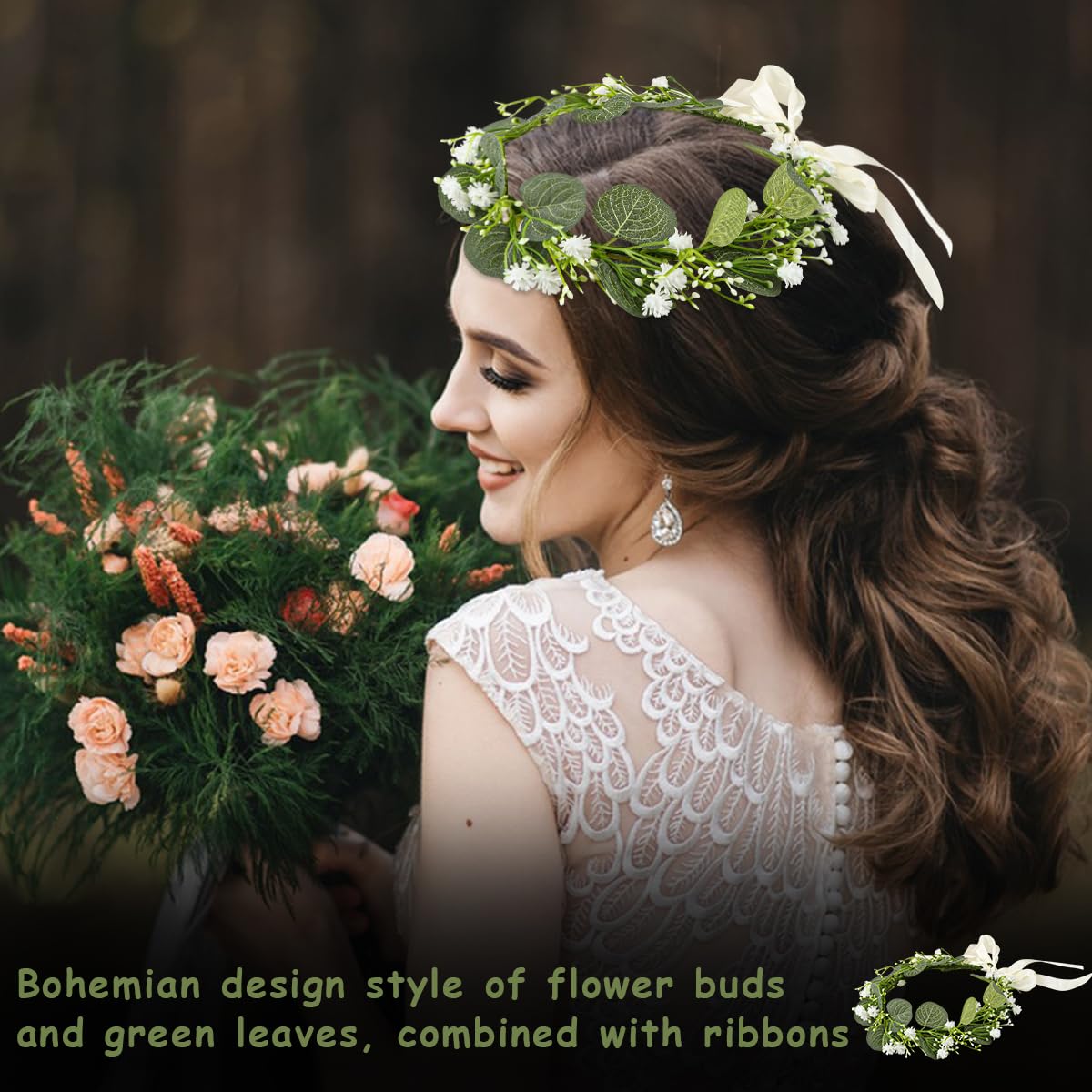 Corona De Flores Artificiales Krilucly Para Niña - Tiara Elfica Con Hojas Verdes Y Diamantes De Imitación, Ajustable Con Cintas, Para Bodas, Fiestas Y Cosplay