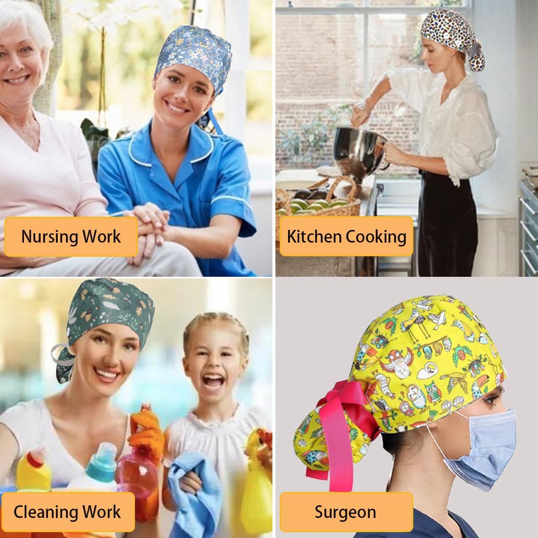 8Pcs Satin Lined Scrub Caps Women, Surgical Caps for Women, Adjustable Scrub Hats Womens Ponytail with Button and Sweatband, Nurse Cap for Unisex, Working Cap, Elastic Ponytail Pouch Tie Back - Image 5