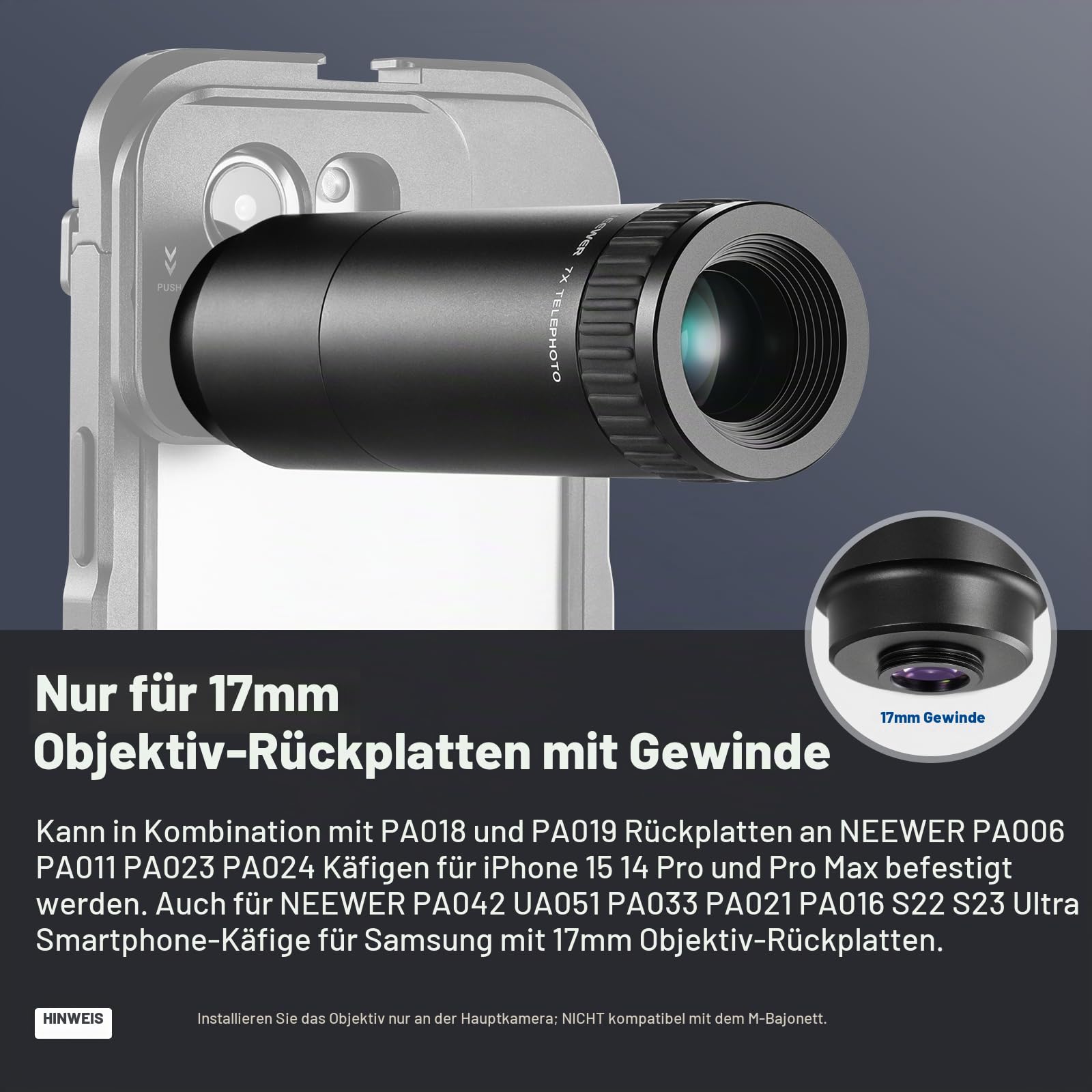 NEEWER HD Telephoto Objektiv nur für 17mm Gewinde Backplate, 7X Vergrößerung Handy Kamera Linse mit 15 Elementen 12 Gruppen Kompatibel mit SmallRig iPhone Samsung Cage mit 17mm Objektivadapter, LS-36