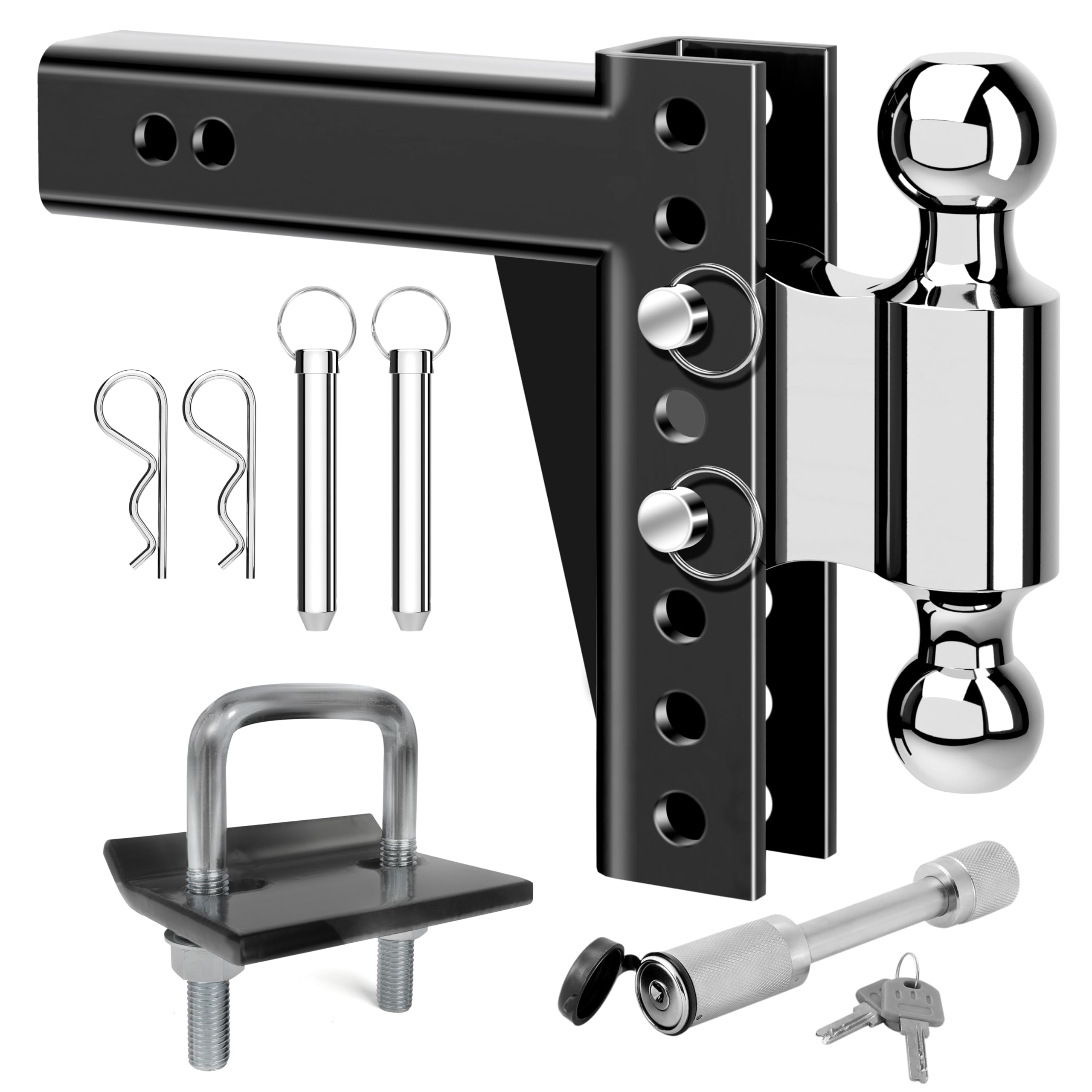 MaxxHaul Adjustable Dual Ball Mount for 2" Receivers, 6.5" Drop and 7.5" Rise, Dual Hitch Balls with Hitch Stabilizer, Rubber Pad and Locking Pin for Quiet Towing (51189)